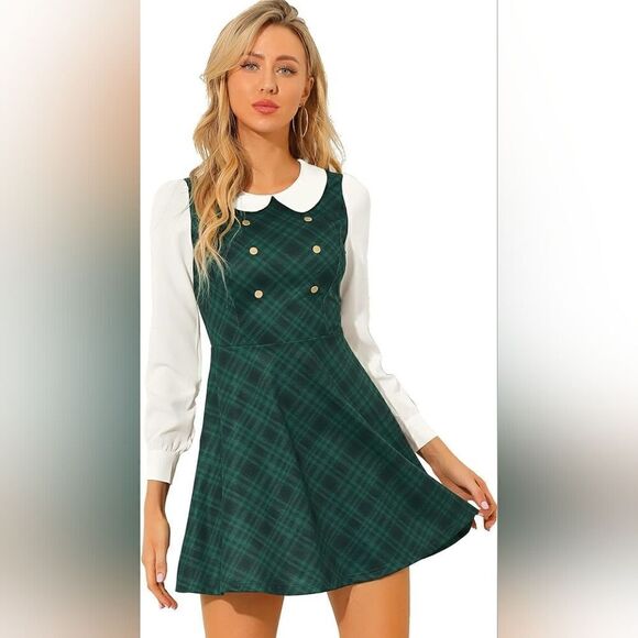Allegra K Women's Peter Pan Collar Contrast Color Preppy Fit Flare Plaid Dress M - Picture 3 of 11